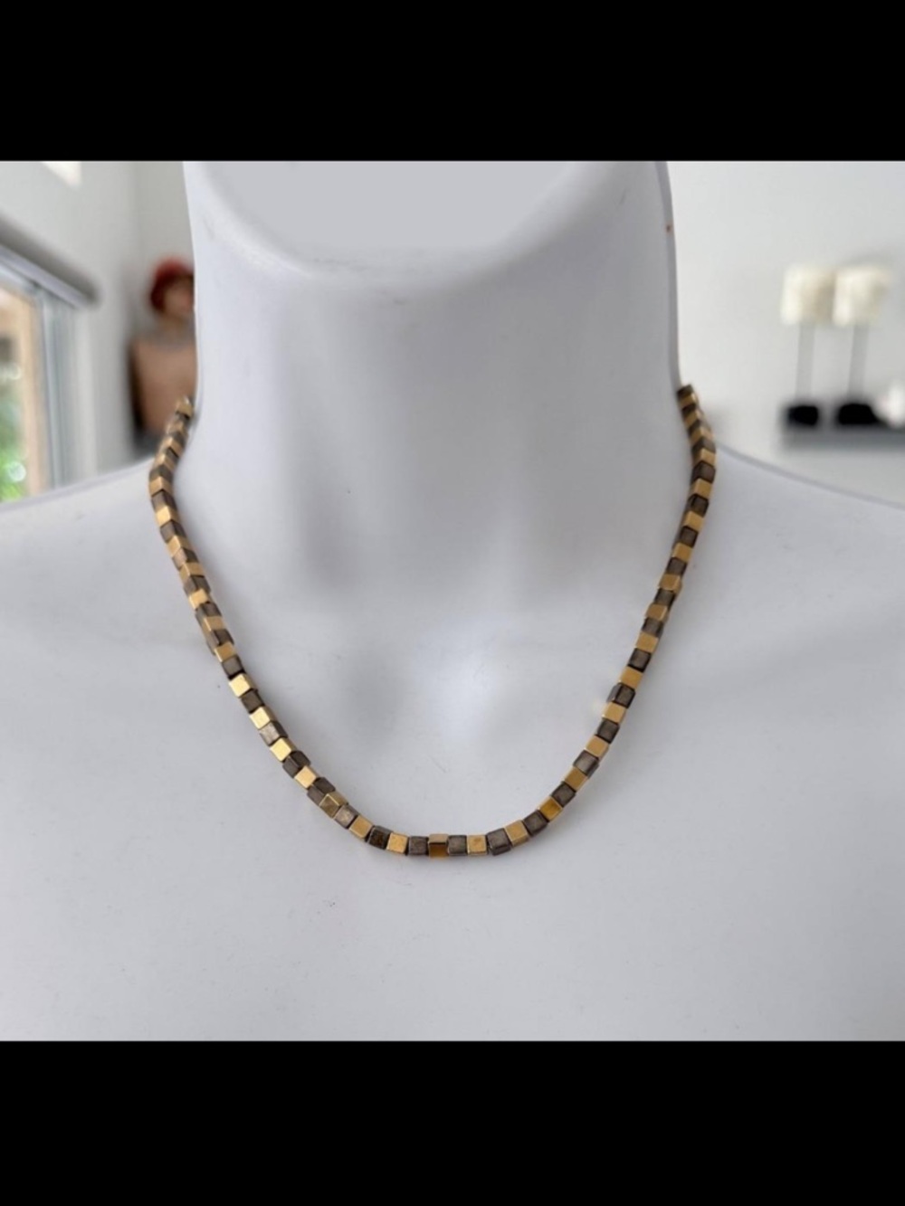 Trifari Gold & Silver Two-Tone Cube Bead Necklace | 16" | Original Hang Tag |VTG
